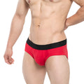 Red mens briefs metro male wear avalon brief with black elastic waistband featuring mew brand logo