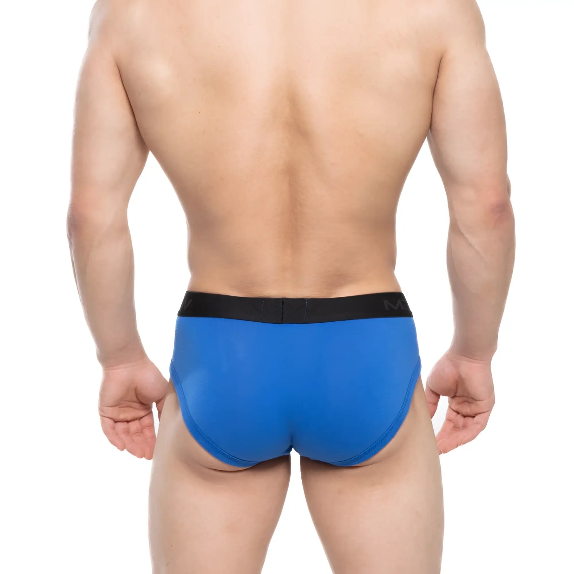 Blue men’s briefs with a black elastic waistband from metromalewear avalon brief royal blue 3036-18 collection