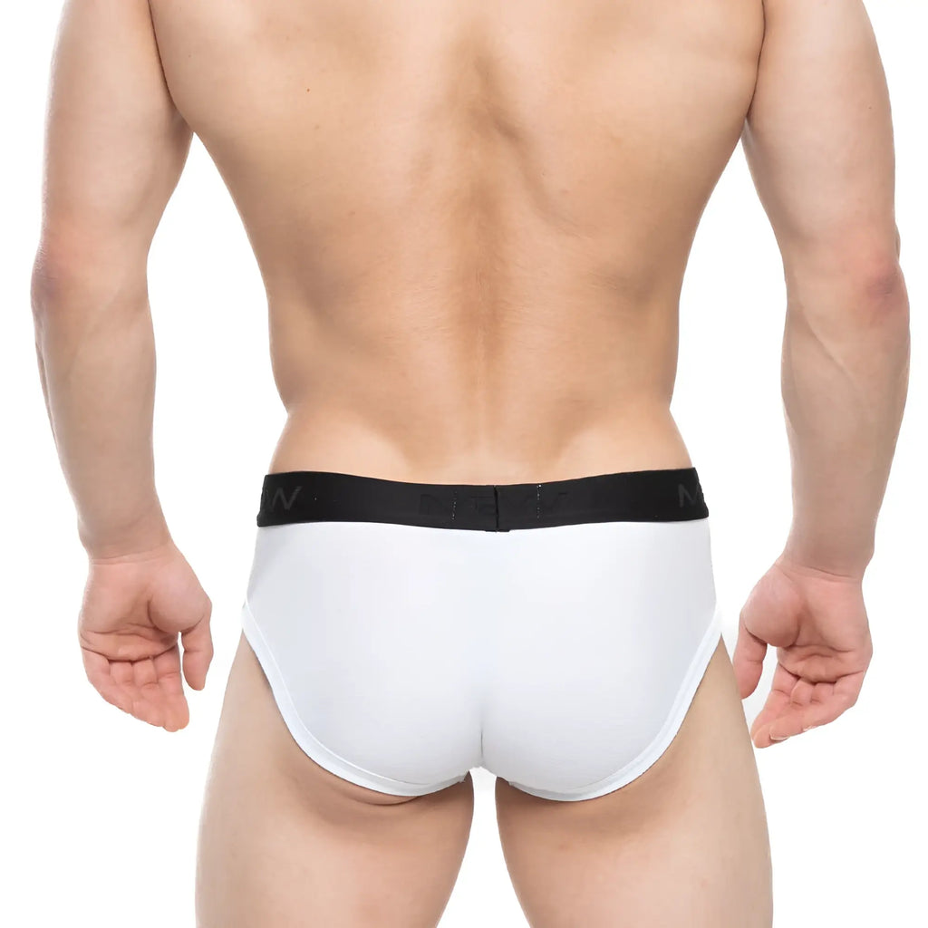 White briefs with a black elastic waistband featuring the MetroMaleWear logo for comfortable everyday wear