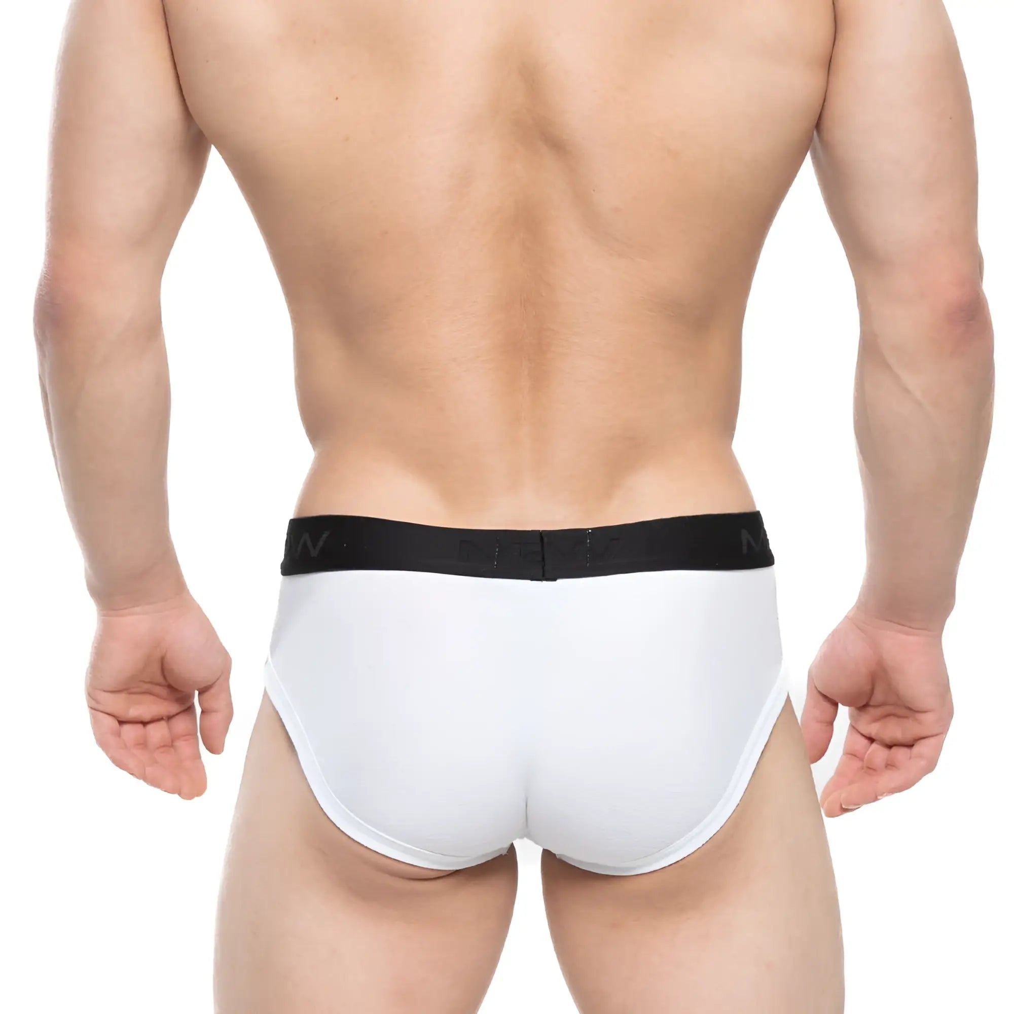 White briefs with a black elastic waistband featuring the MetroMaleWear logo for comfortable everyday wear