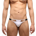 MetroMaleWear Avantgarde bikini white thong with black elastic side straps and cutout details front view