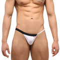 Metro male wear avantgarde thong white with black waistband and small red logo on the side