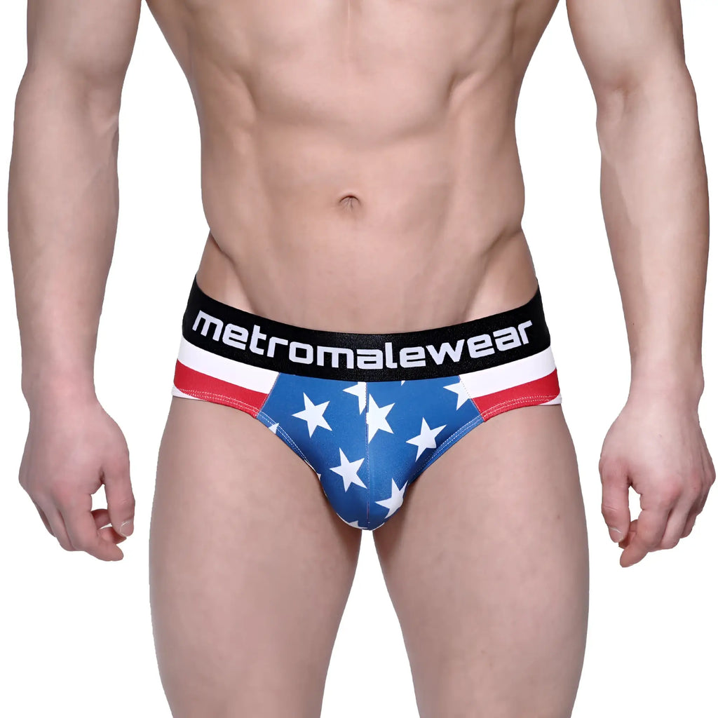 MetroMaleWear Avengers hip brief 5003-93 with blue American flag pattern, white stars, red stripes, and black waistband