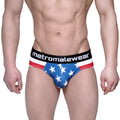 MetroMaleWear Avengers hip brief 5003-93 with blue American flag pattern, white stars, red stripes, and black waistband