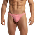 MetroMaleWear awesome thong orange 2302-S02 pink striped and solid fabric briefs with red brand tag front view