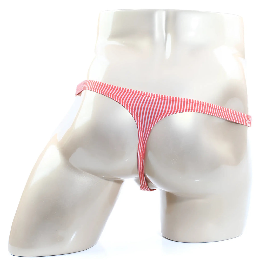 Pink and white striped stretchy fabric thong by MetroMaleWear awesome thong orange 2302-S02 showing the back side