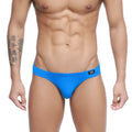 Metro malewear azul real bikini 5103-82 bright blue form-fitting swim trunks with black logo tag on waistband