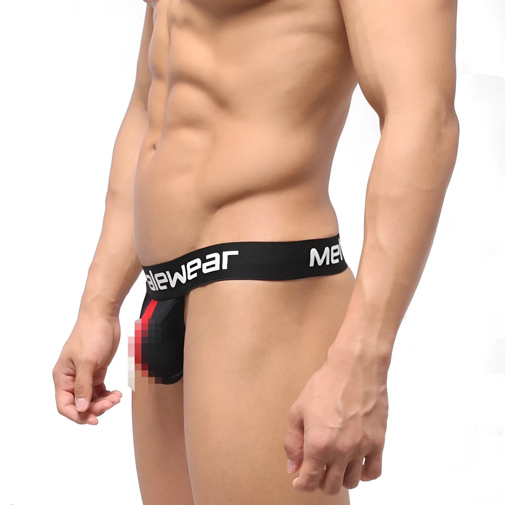 Black men’s briefs with white malewear waistband branding and red accent panel in metro malewear backless thong style