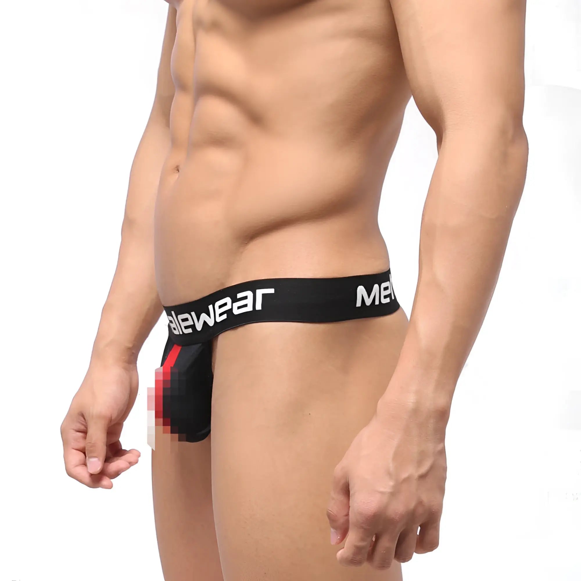 Black men’s briefs with white malewear waistband branding and red accent panel in metro malewear backless thong style