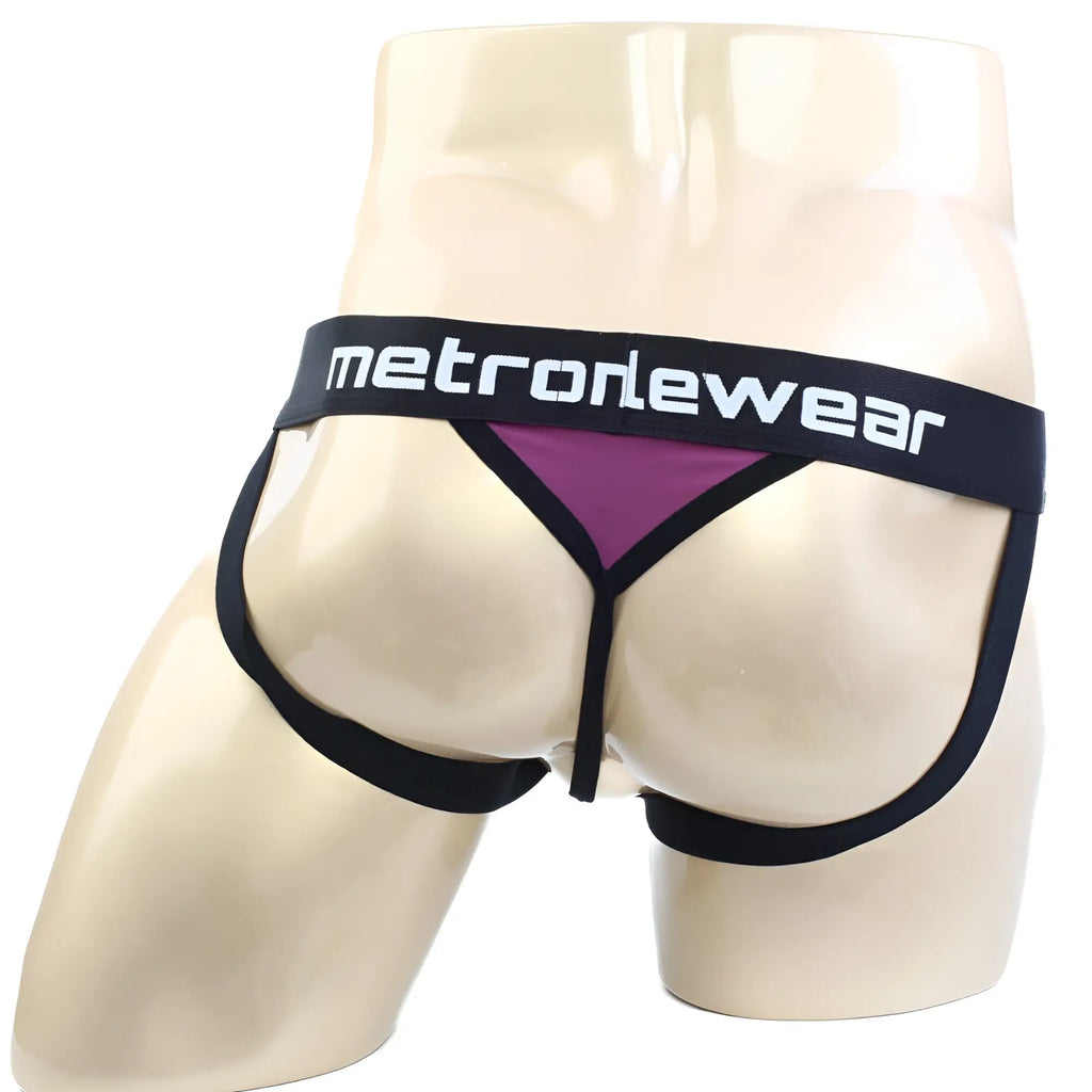Black and purple athletic briefs with bold metronewear logo on waistband from the metromalewear ball holder jock strap series