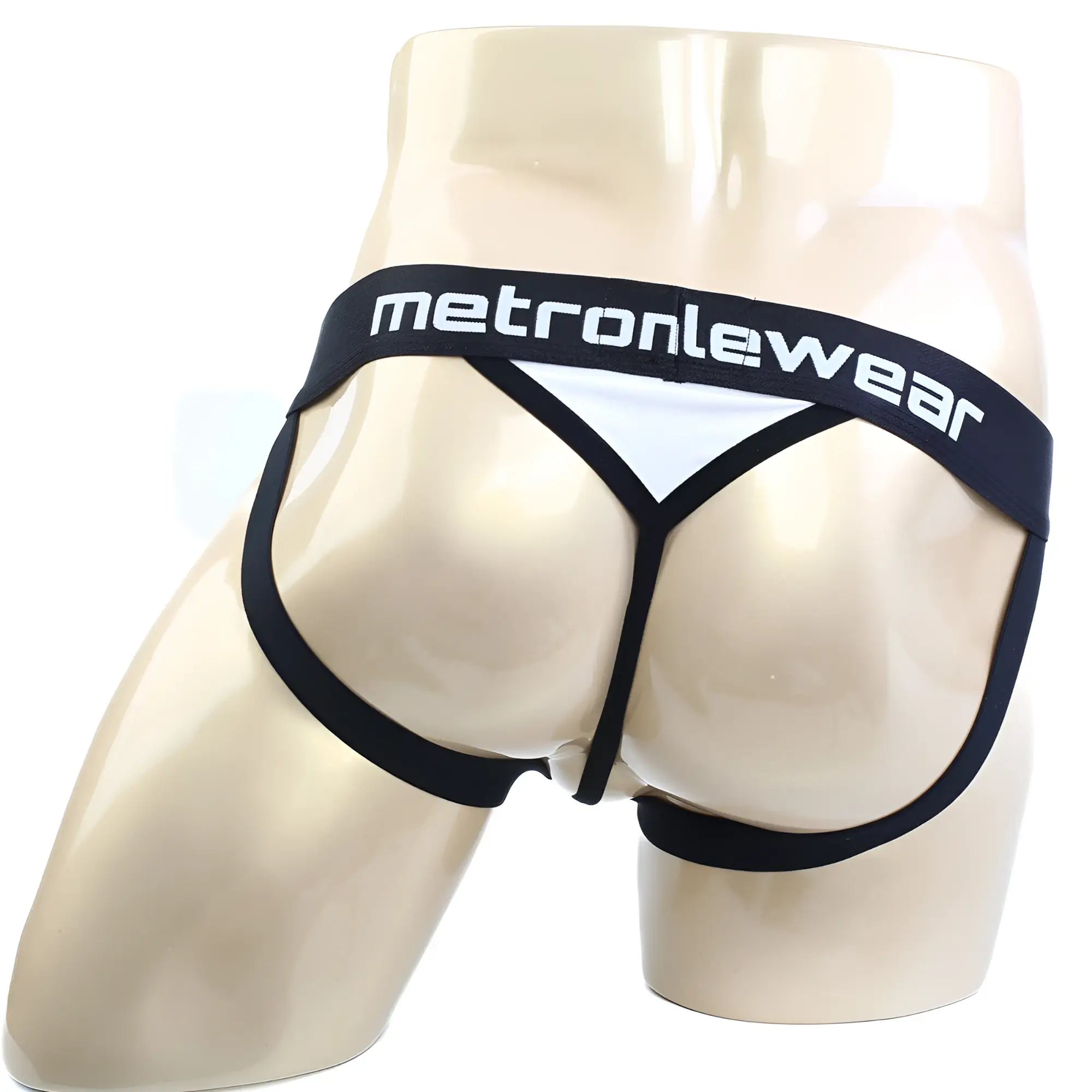 Black and white metromalewear ball holder jock strap thong with wide waistband featuring bold white branding