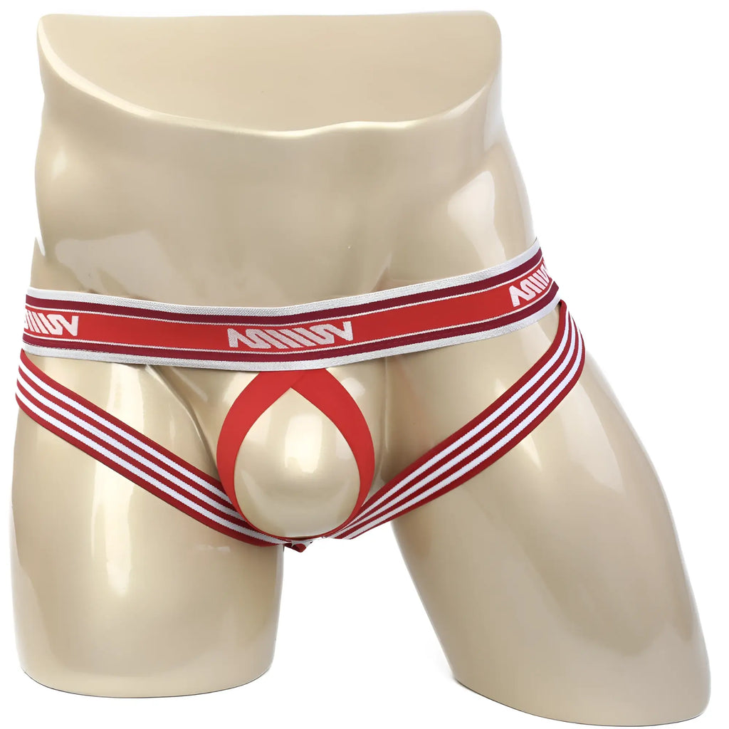Red and white striped men’s briefs with a red ring design and minov branded waistband metro male wear ball lifter jock strap