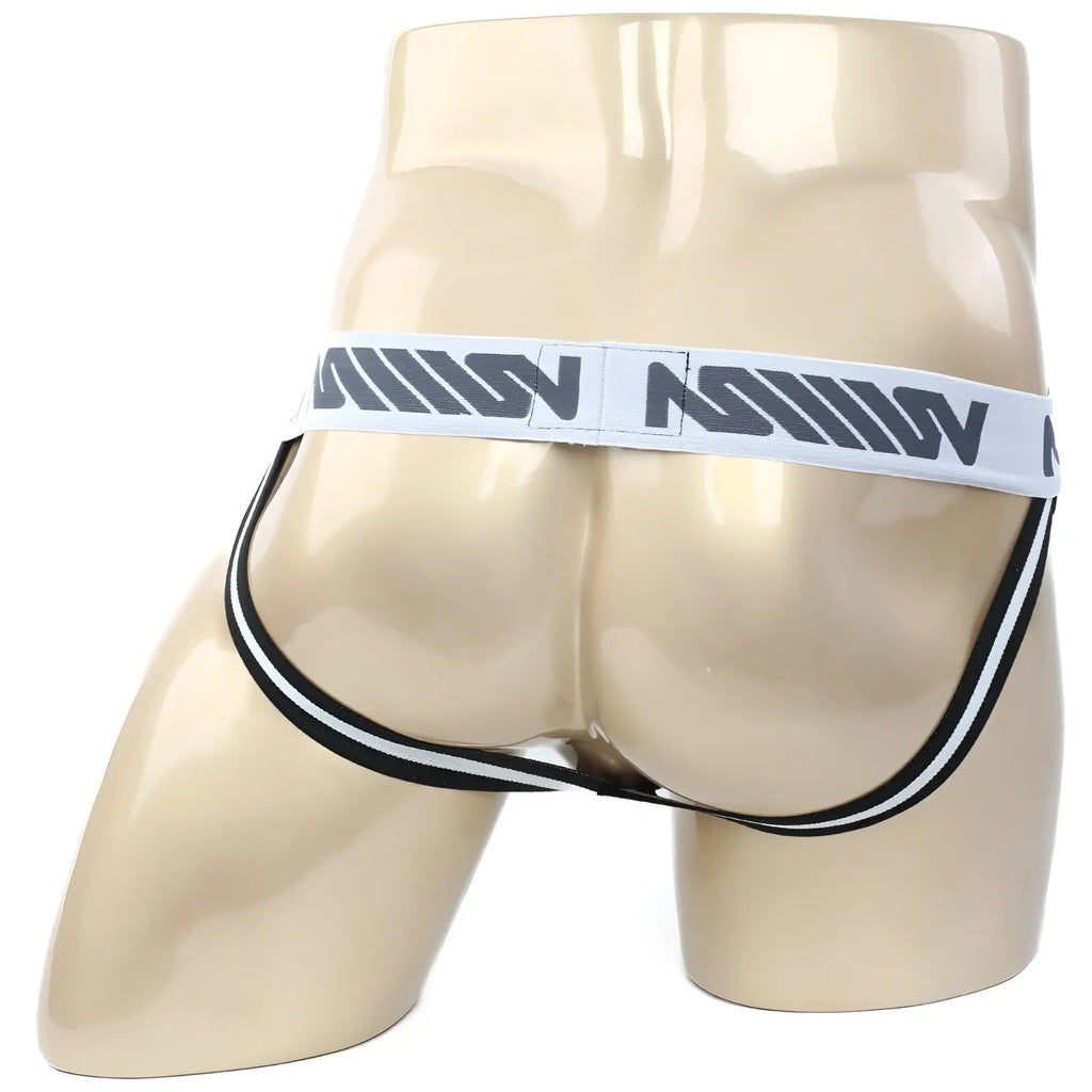 Black and white striped athletic briefs with bold gray logo waistband metro male wear ball lifter jock strap back view