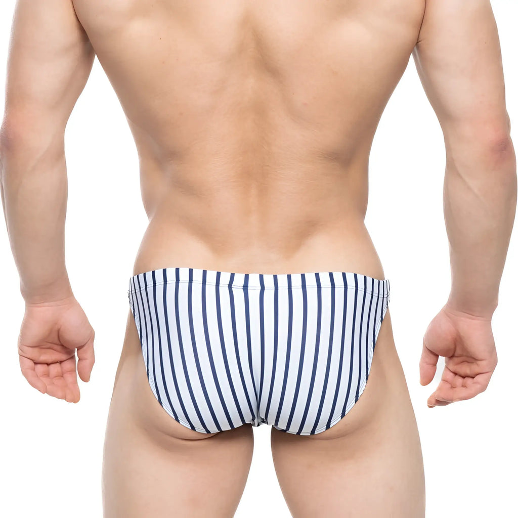 Navy blue and white striped metroMalewear ball park swim bikini 4987-40 men’s swim trunks with quick-dry fabric