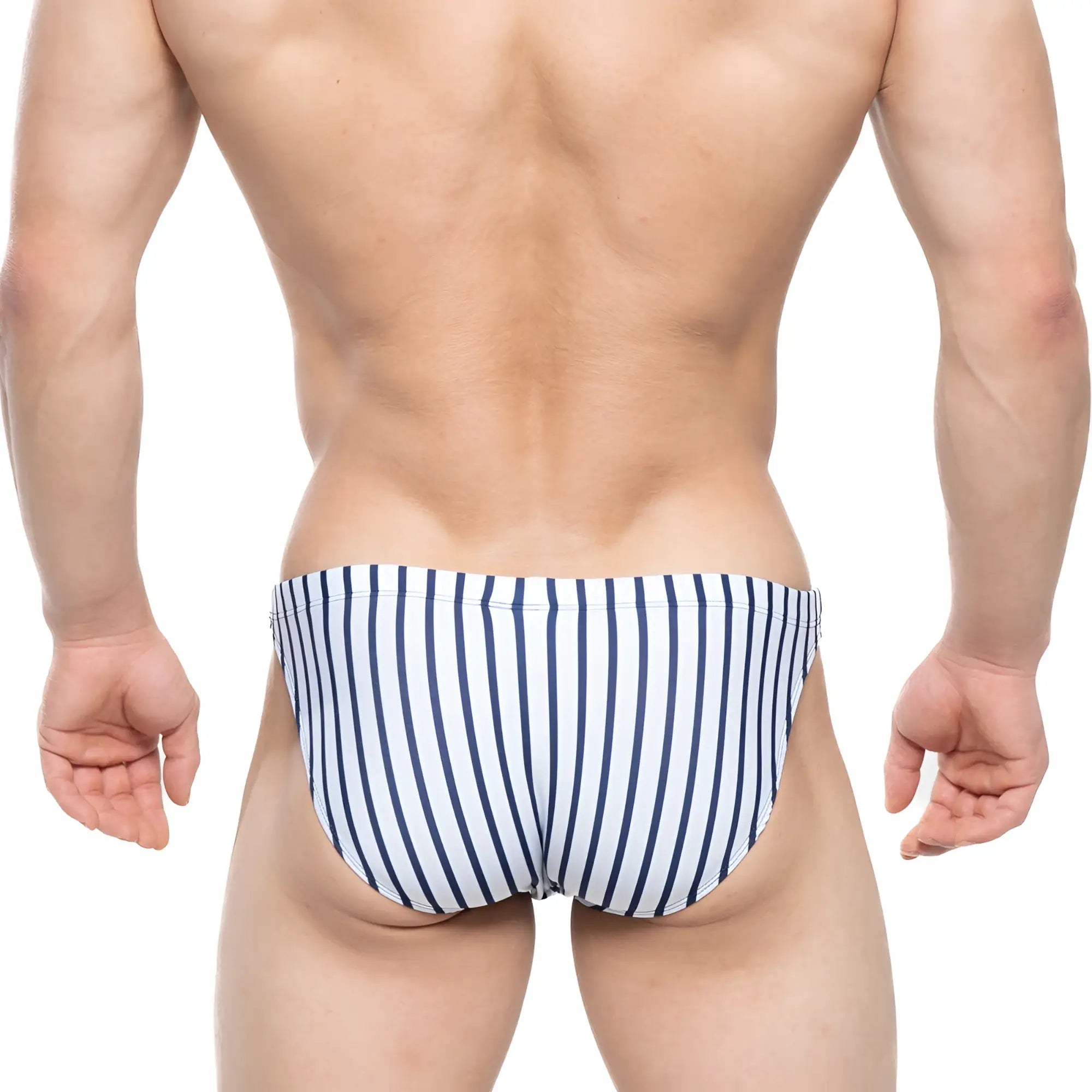 Navy blue and white striped metroMalewear ball park swim bikini 4987-40 men’s swim trunks with quick-dry fabric