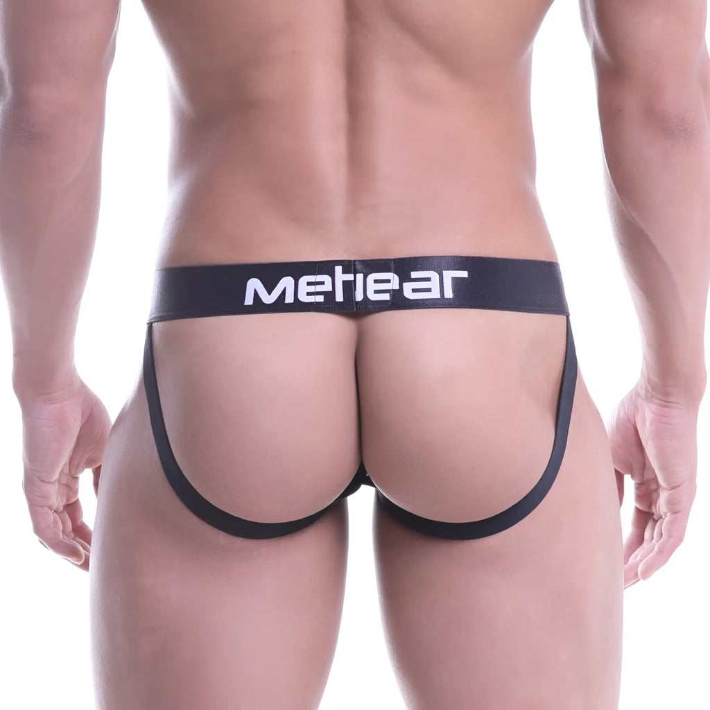 Black meheear brand briefs with white waistband lettering shown from the back in metro malewear bandal jock strap green 2901-33