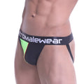 Black and neon green athletic briefs with perforated design and promalewear logo waistband metroMalewear bandal jock strap