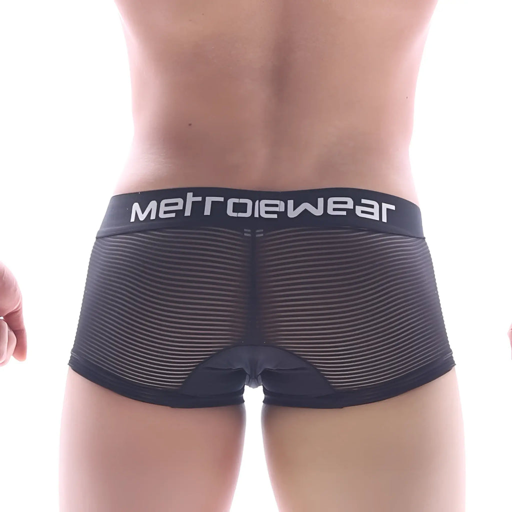 Black mesh briefs with a striped pattern and metrowear branded waistband metro male wear bar short boxer 7inch 2022-95