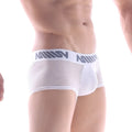 White mesh metro malewear bar short boxer briefs with gray logo band 7 inch inseam