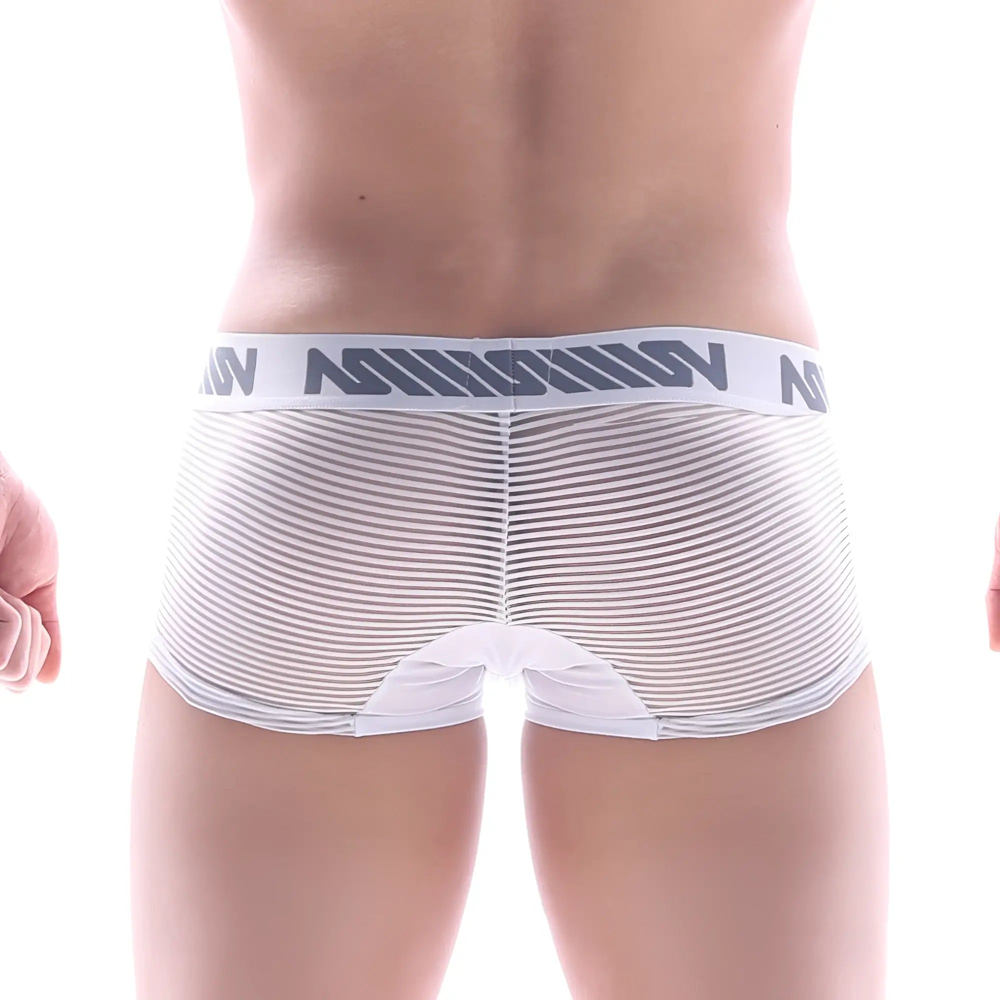 White mesh briefs with gray and white striped waistband featuring mission logo from metromalewear bar short boxer 7 inch