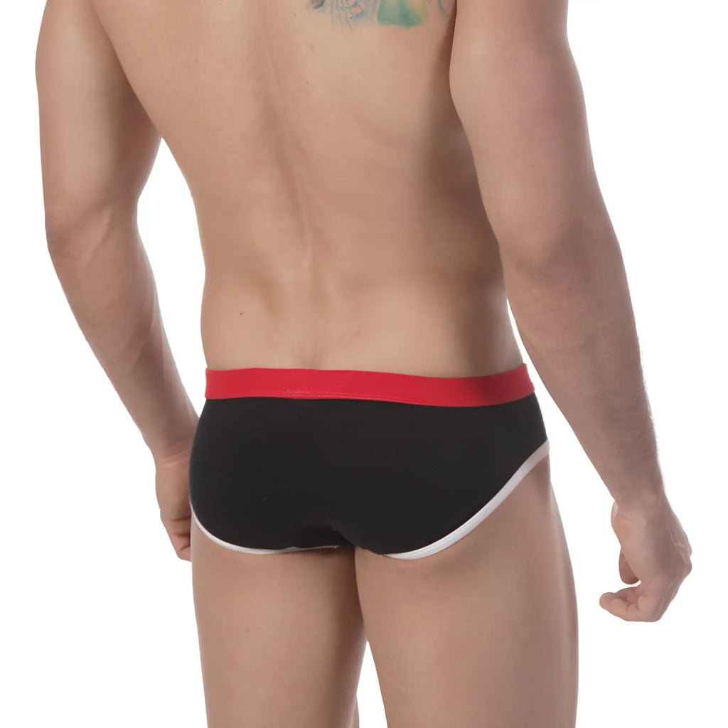 MetroMaleWear bare lowrise brief black with red waistband and white trim designed for comfortable everyday wear