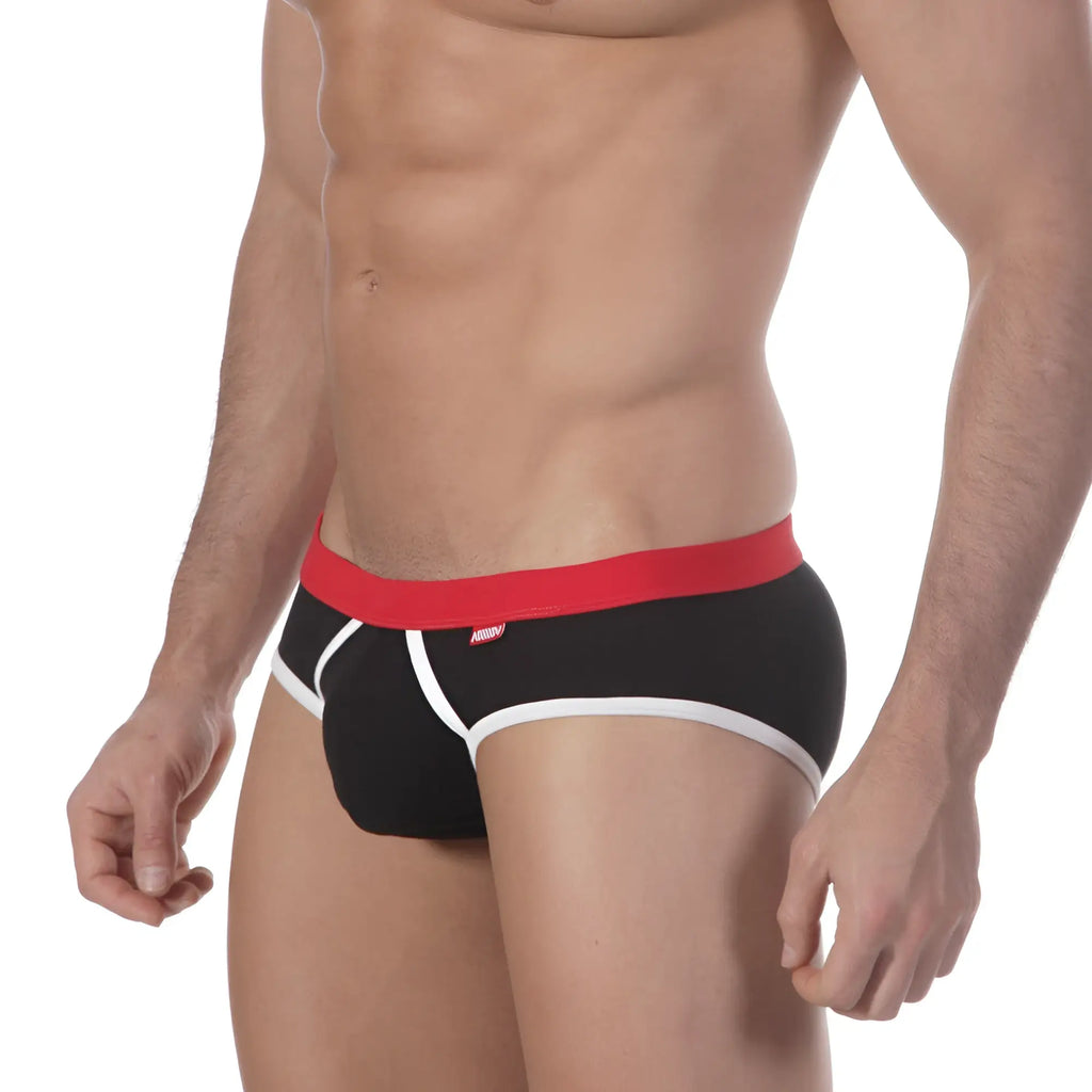 MetroMaleWear Bare lowrise brief in black features a red waistband white trim and Puma logo on the side