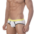MetroMaleWear Bare Lowrise white briefs with bright yellow waistband black trim and fabriq brand logo on the side