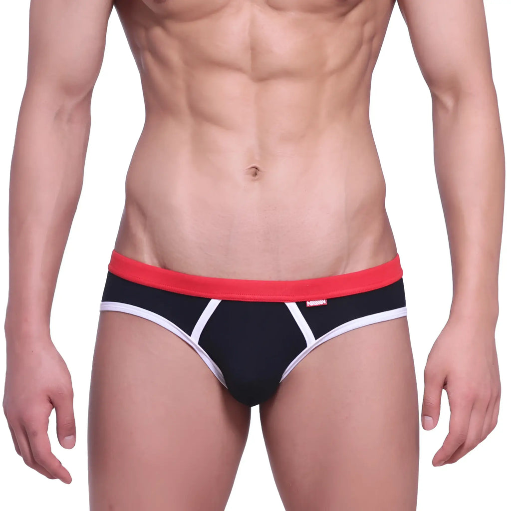 MetroMaleWear bare lowrise jock strap black briefs with red waistband white trim and subtle side logo