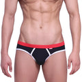 MetroMaleWear bare lowrise jock strap black briefs with red waistband white trim and subtle side logo