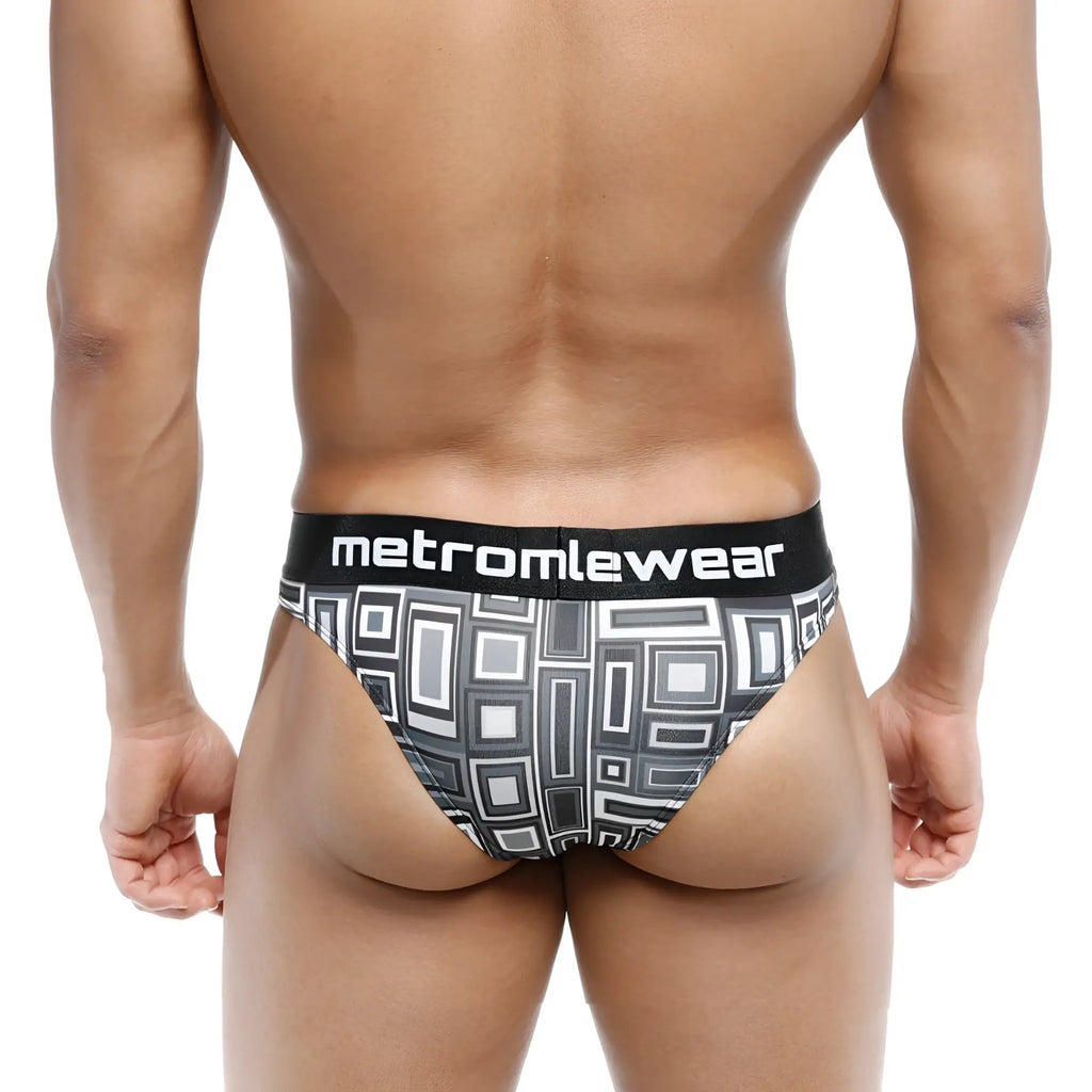 Black and gray geometric-patterned metro male wear basalto half back bikini briefs with branded black waistband