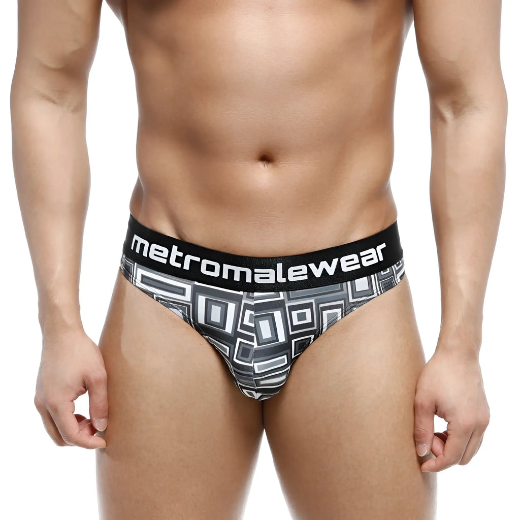 Black and gray geometric-patterned metroMalewear basalto half back bikini briefs with branded waistband