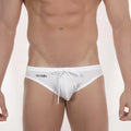 White men’s swim trunks with drawstring waistband and aquav logo on left side from metromalewear basic swim brief line