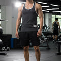 MetroMalewear basic tank top charcoal gray with white trim and small black logo patch on lower front