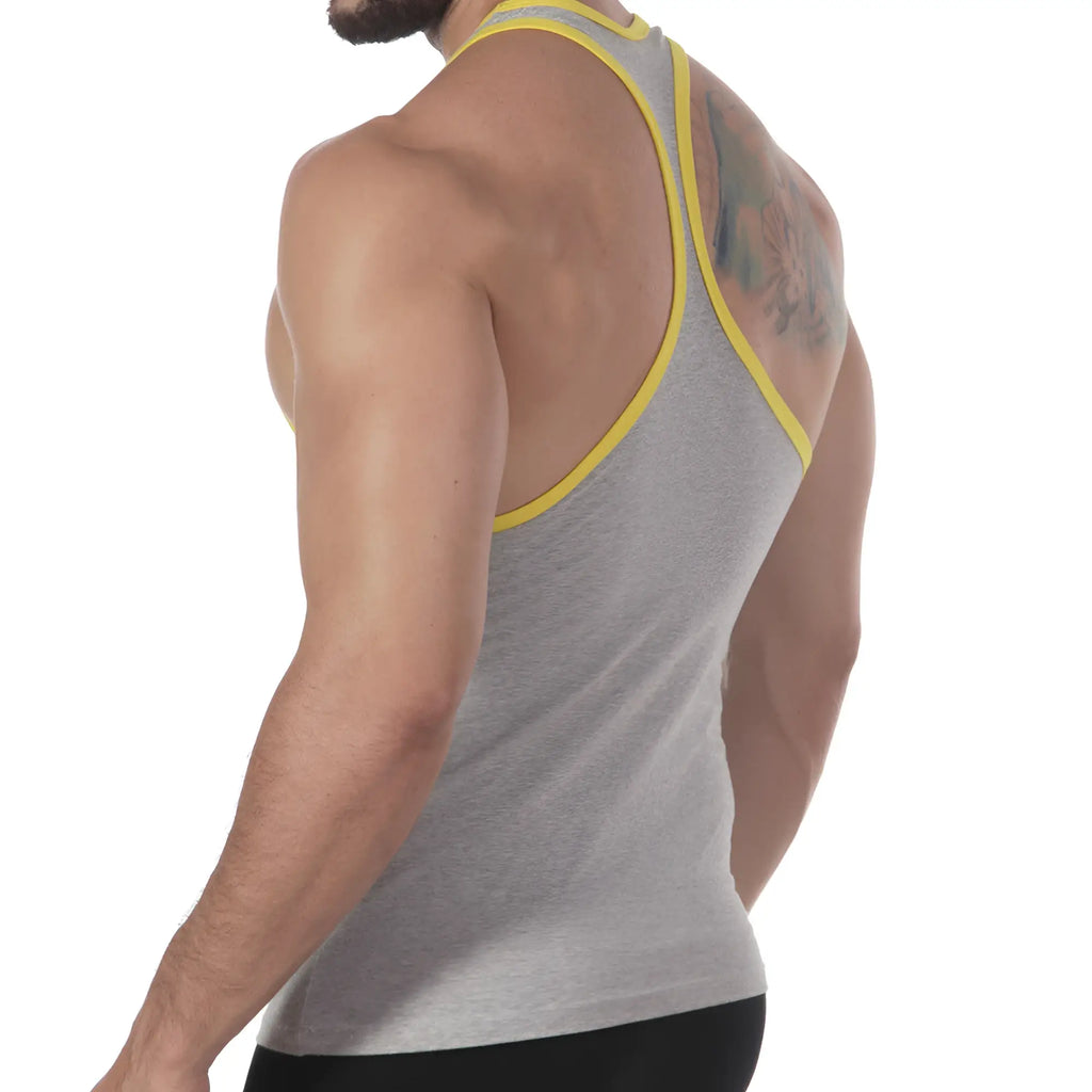MetroMaleWear basic gray athletic tank top with yellow trim along neckline and armholes for activewear use