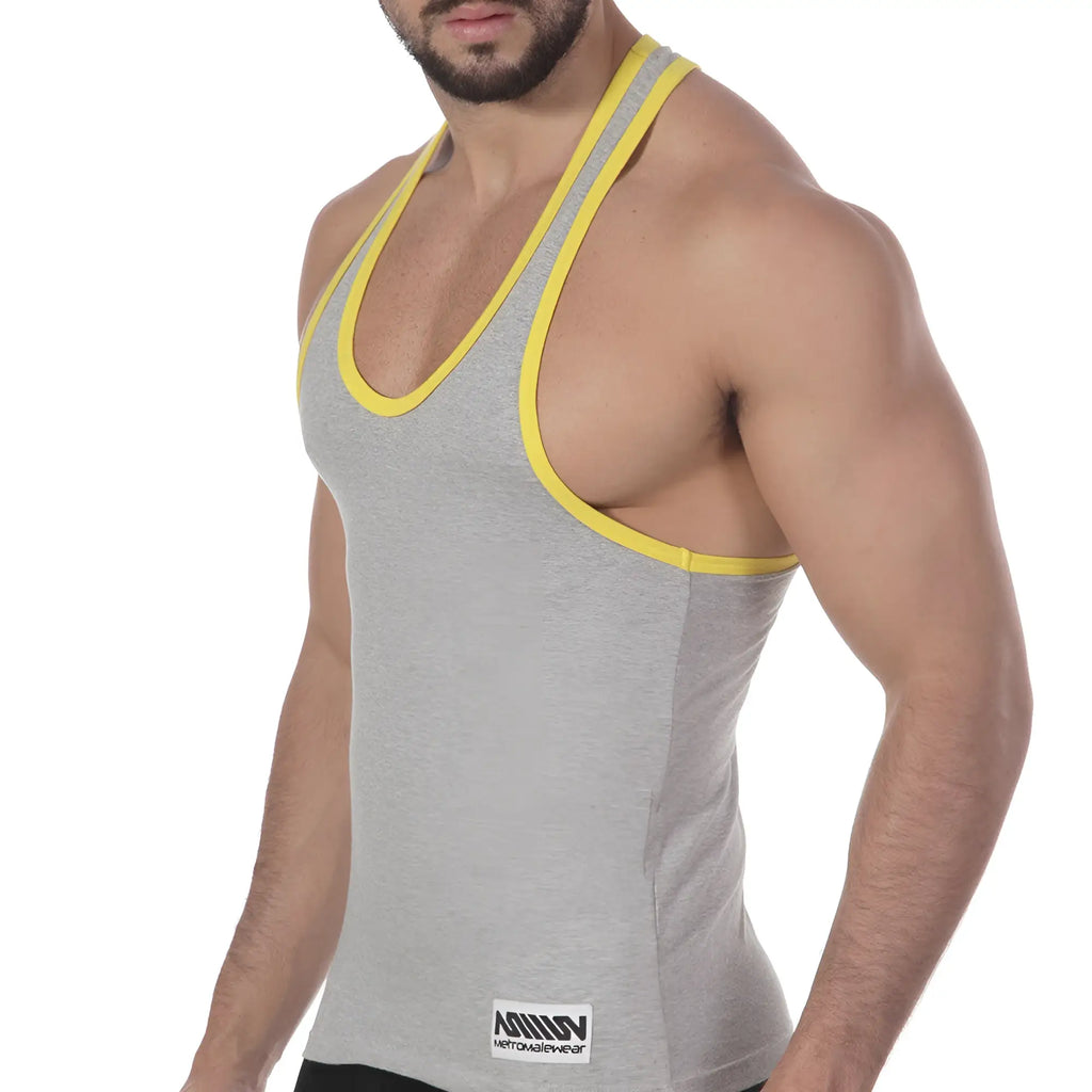 Gray heathered basic tank top with bright yellow trim along neckline and armholes by metromalewear