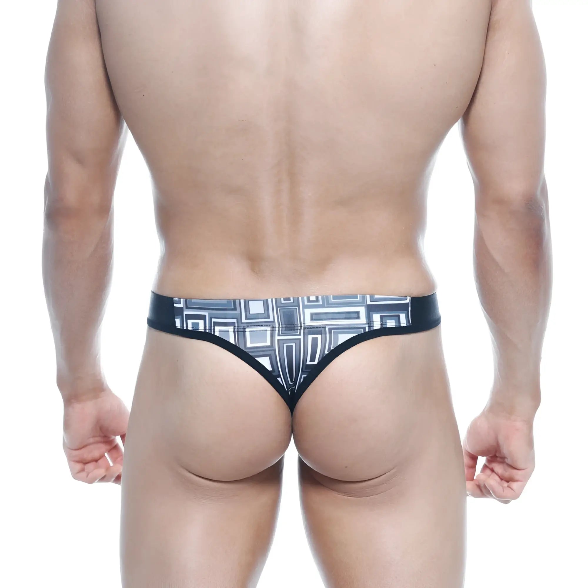 Black MetroMaleWear Basic Thong Basalto 2502-23 with white and gray geometric pattern shown from the back side