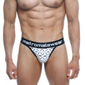 Black and white patterned thong with bold metromalewear logo waistband metro for comfortable everyday wear