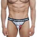 MetroMaleWear basic thong Escobar 2502-09 black and white floral pattern with red accent and branded waistband