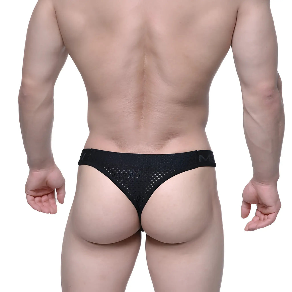 Black mesh MetroMaleWear Basic Thong intense 2502-22 with subtle texture and branded waistband showing back side
