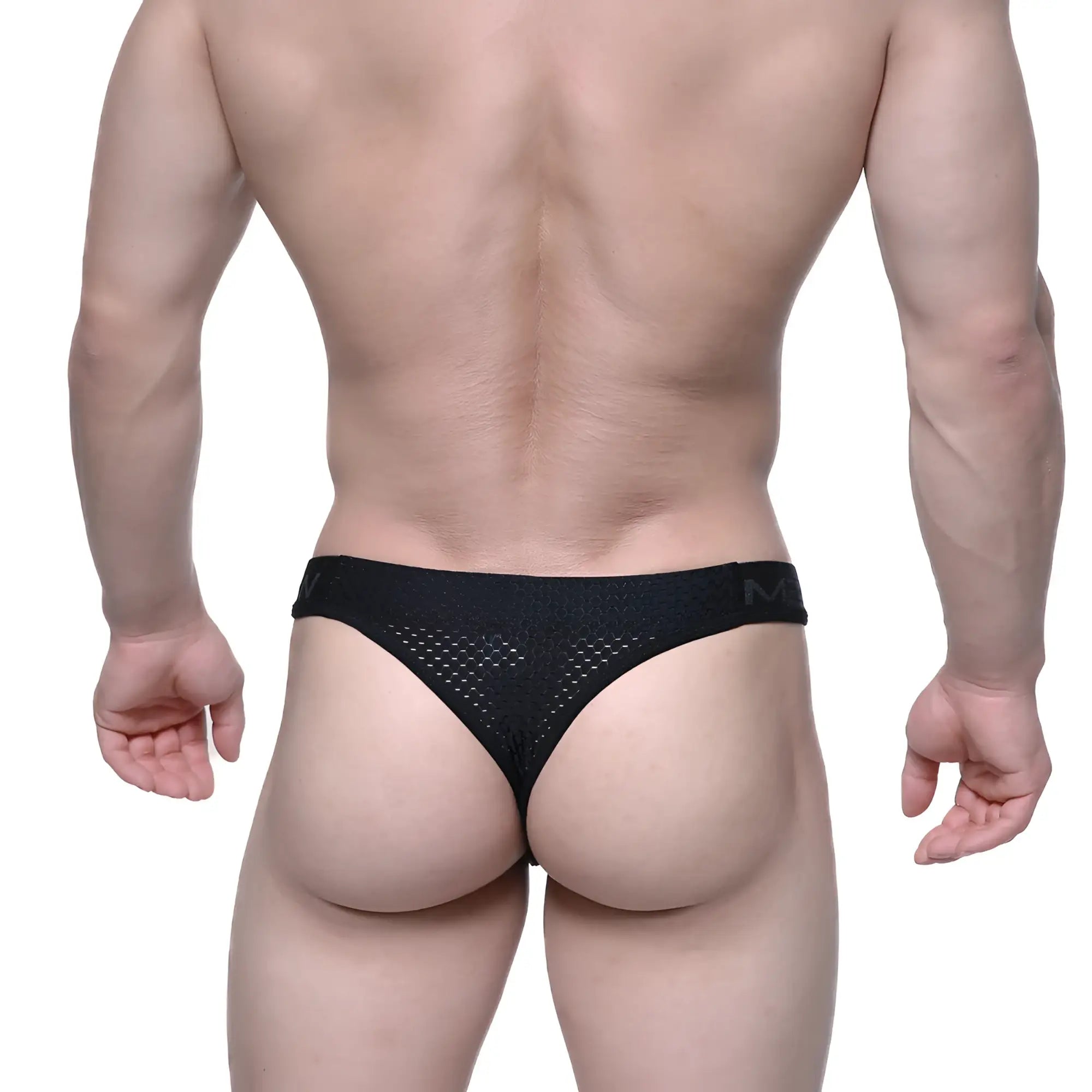 Black mesh MetroMaleWear Basic Thong intense 2502-22 with subtle texture and branded waistband showing back side