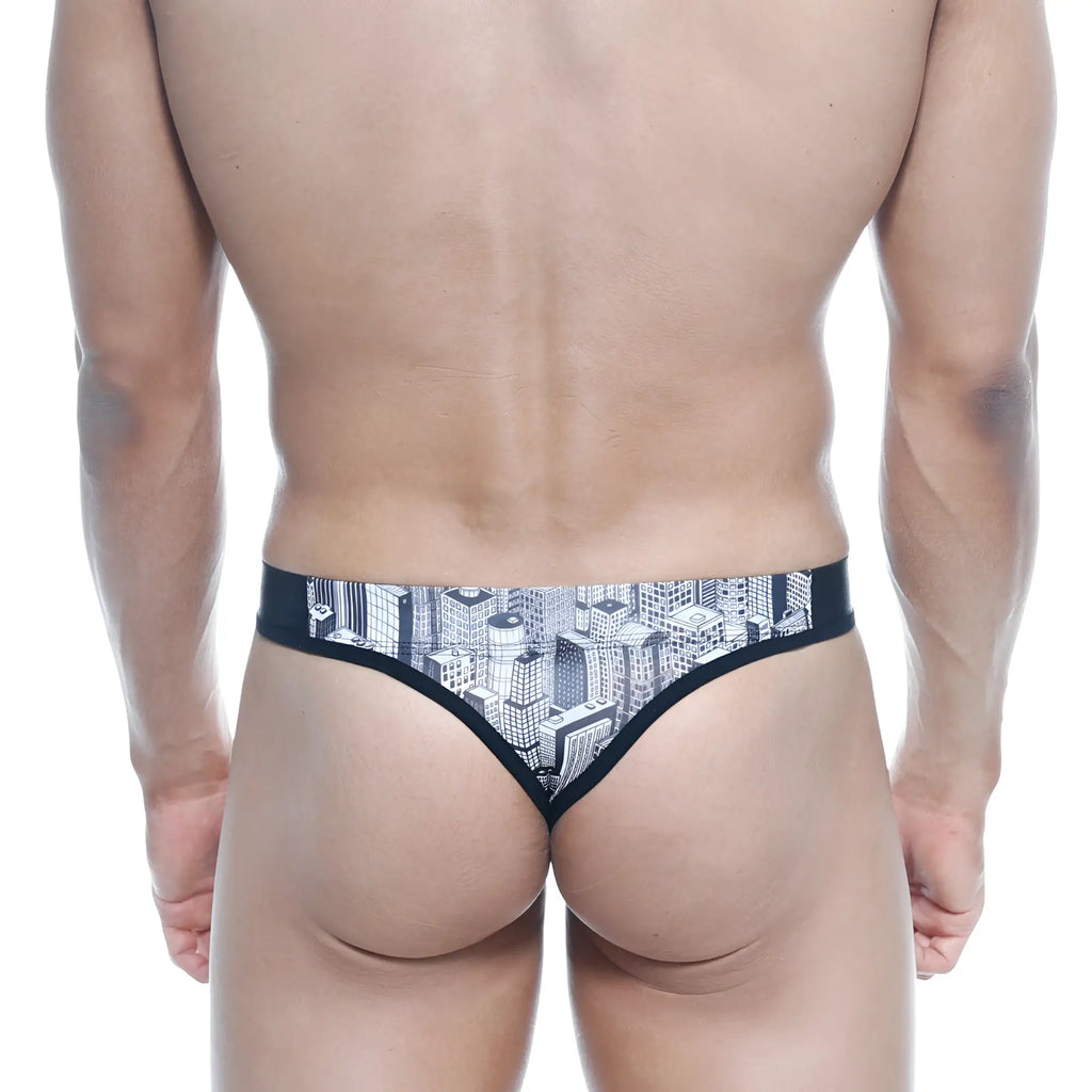 Black thong from MetroMaleWear basic thong Metro 2502-48 with detailed black and white cityscape print front side