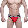 Red metromalewear basic thong briefs with black waistband and white lettering in a sleek comfortable design