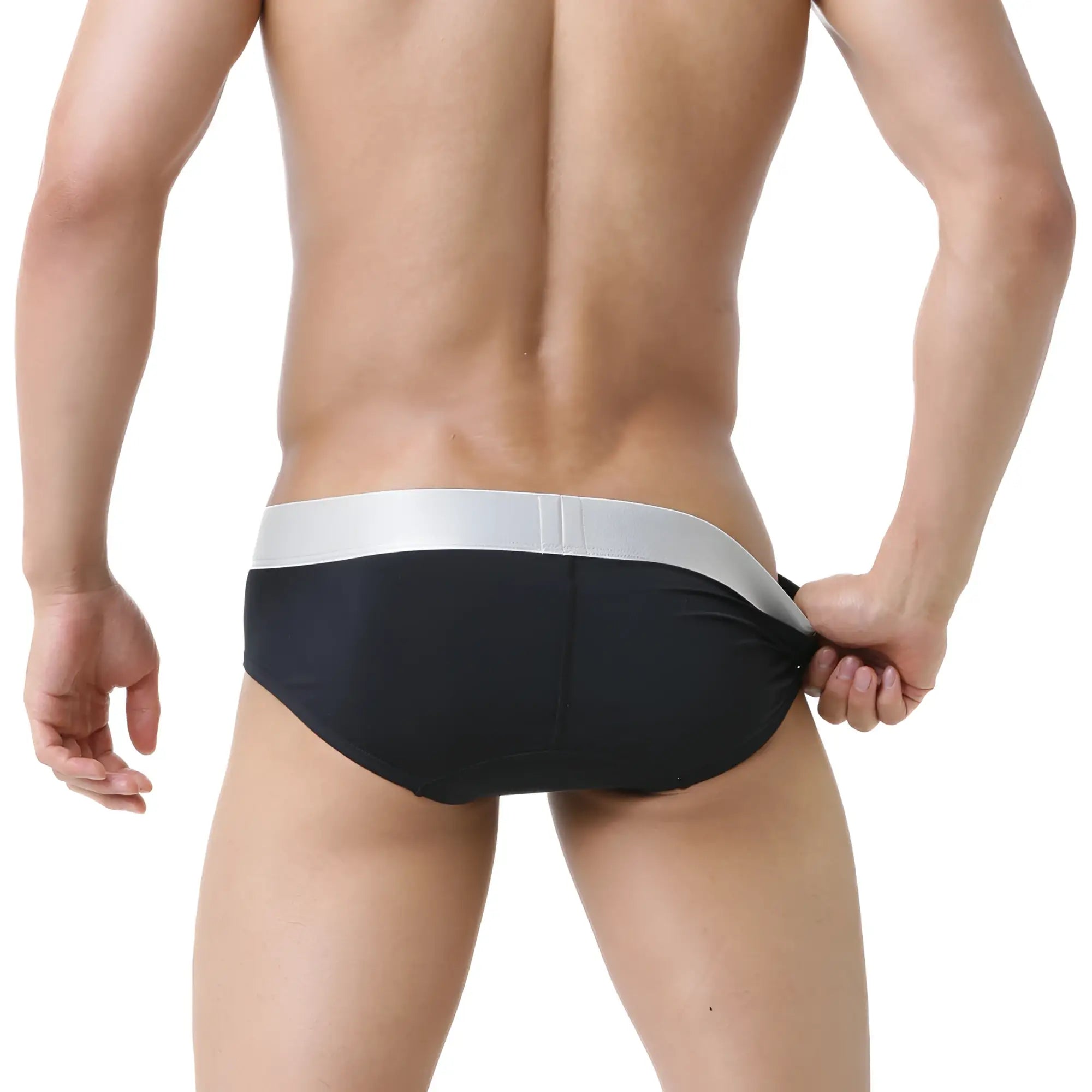 Black MetroMaleWear Basico Brief swim trunks with a sleek silver waistband for stylish comfortable wear