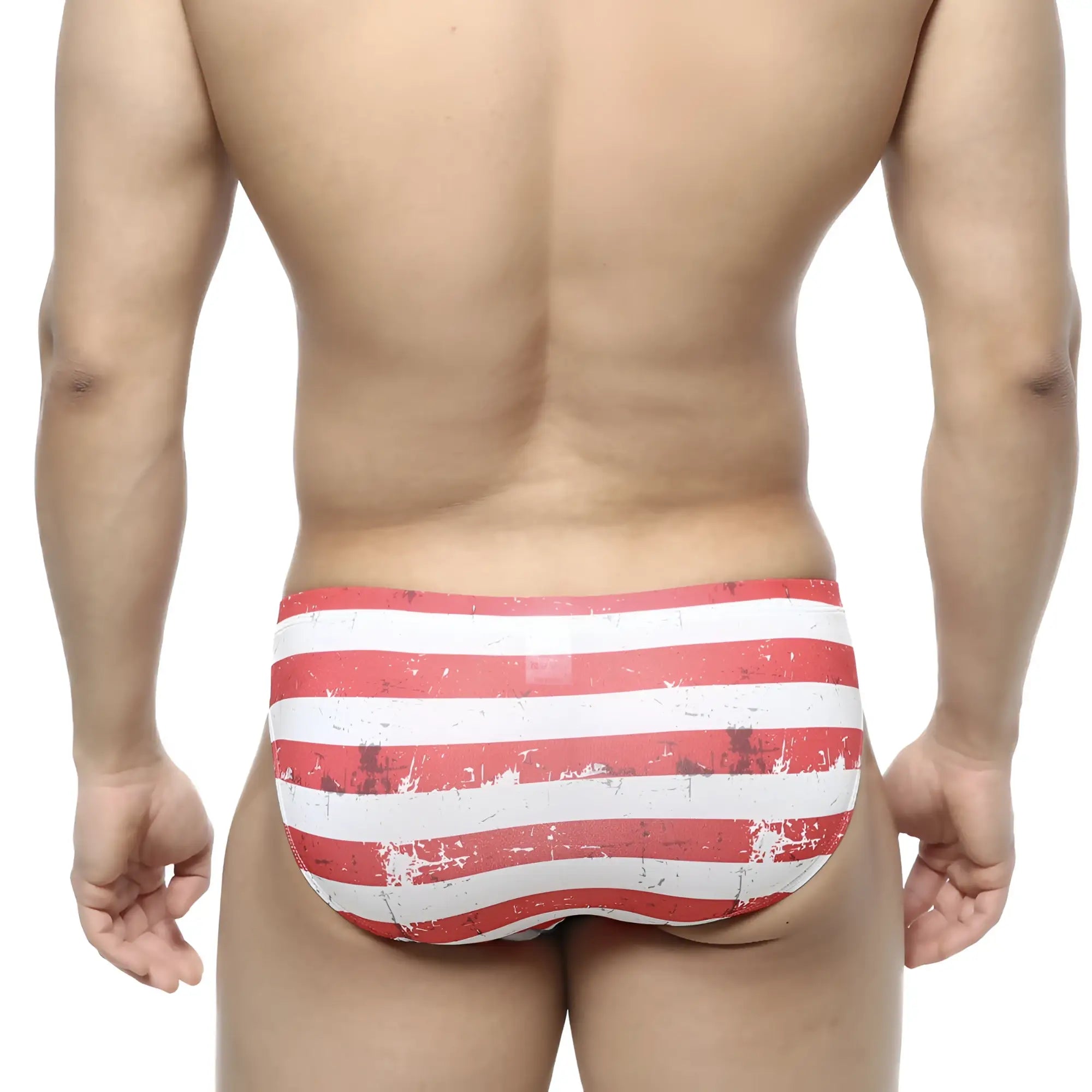 Metro malewear batalla bikini 5103-98 red and white striped swim trunks with distressed vintage flag-inspired design