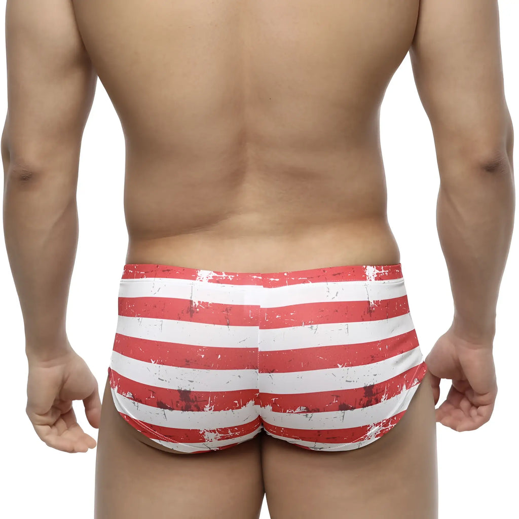 MetroMaleWear Batalla Boxer 2125-92 red and white striped swim trunks with a distressed vintage look