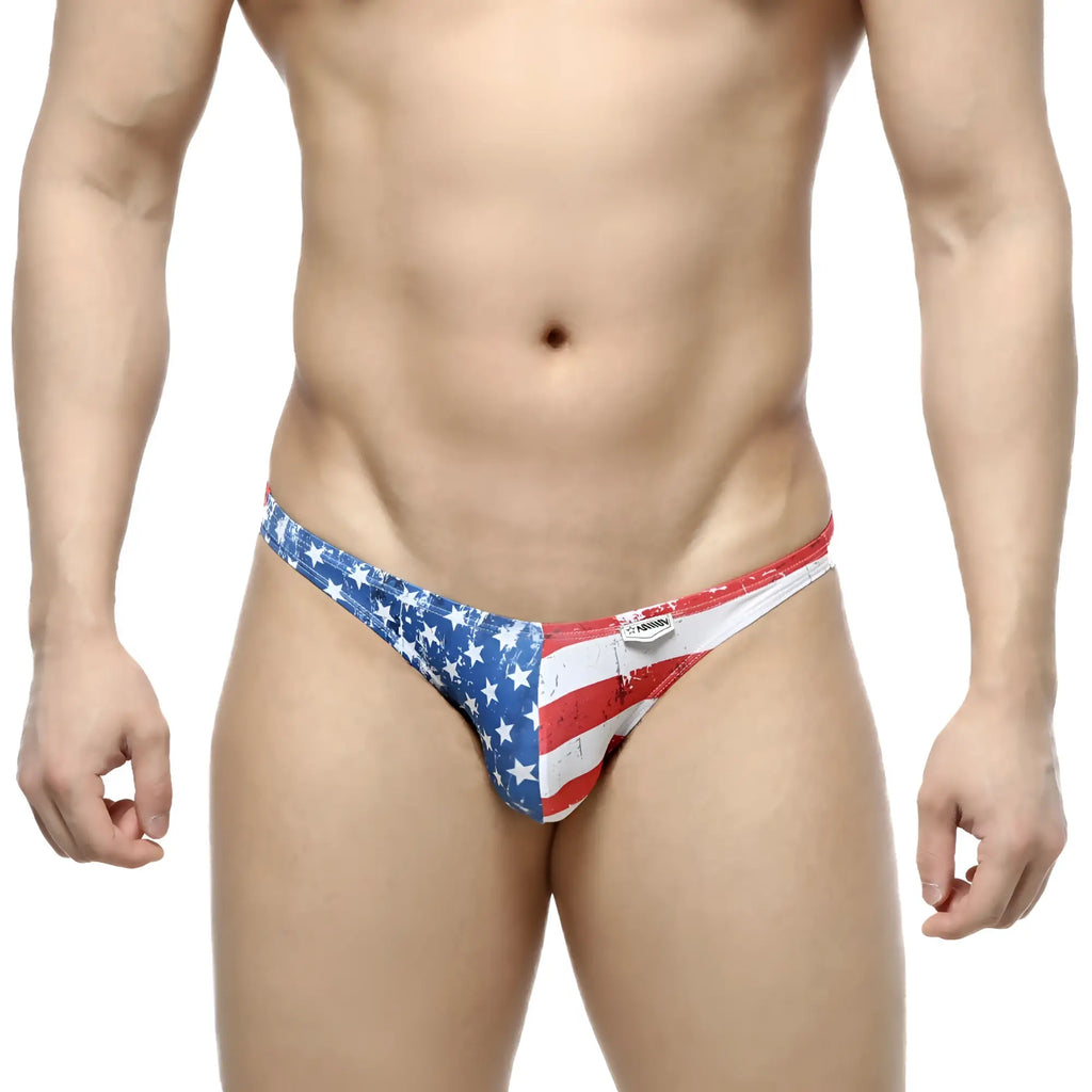 Metro malewear batalla hip bikini thong in red white and blue with a distressed vintage american flag design
