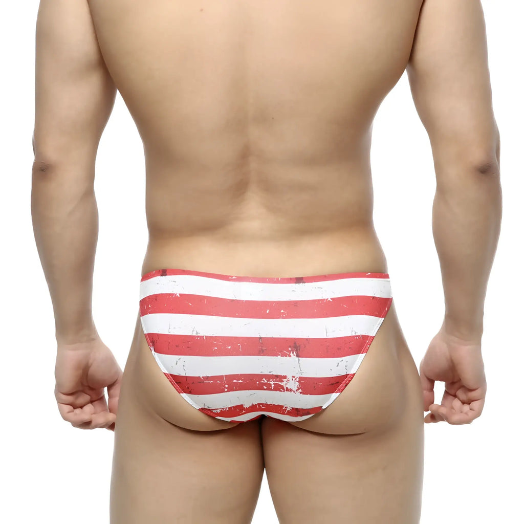 MetroMaleWear Batalla Hip Bikini 6003-95 red and white striped swim trunks with distressed vintage look