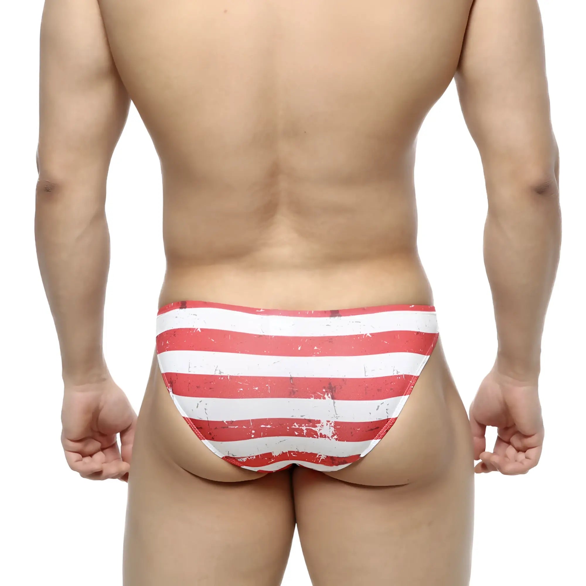 MetroMaleWear Batalla Hip Bikini 6003-95 red and white striped swim trunks with distressed vintage look