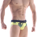 MetroMaleWear beach swim brief yellow with bright yellow fabric, green leaf pattern, navy waistband, and black drawstring