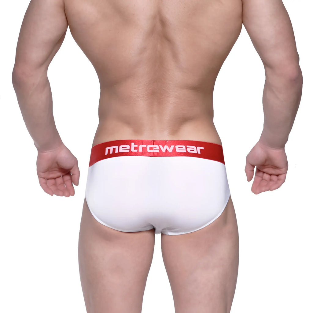 White men’s hip briefs with a red waistband featuring the metrewear logo designed for comfort and support